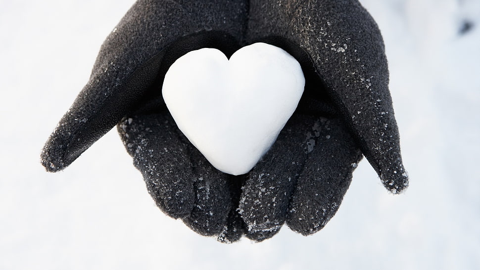 person in black winter gloves holding snow in heart shape HD wallpaper