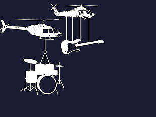 helicopter dropping off electric guitar and drum graphic