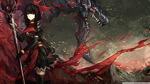 female anime character holding sword beside dragon digital wallpaper