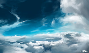 white and blue plastic packs, illustration, sky, clouds