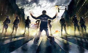 men's blue jacket illustration, freedom, artwork, riots, police