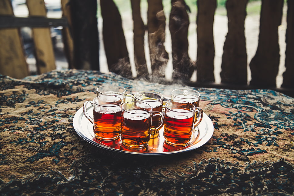 six clear glass mugs HD wallpaper