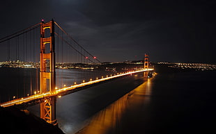 black and red train track, bridge, Golden Gate Bridge, night