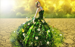 girl in brown hair with green floral gown anime character HD wallpaper