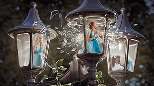 two blue and green table lamps, fantasy art, fairies, gas lamps HD wallpaper