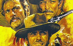 three man portrait painting, Clint Eastwood, The Good, the Bad and the Ugly, movies, western