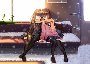 two japanese girl anime wearing school uniform sitting on couch