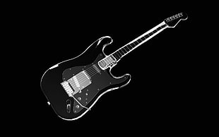 black and gray electric guitar, guitar, monochrome, musical instrument