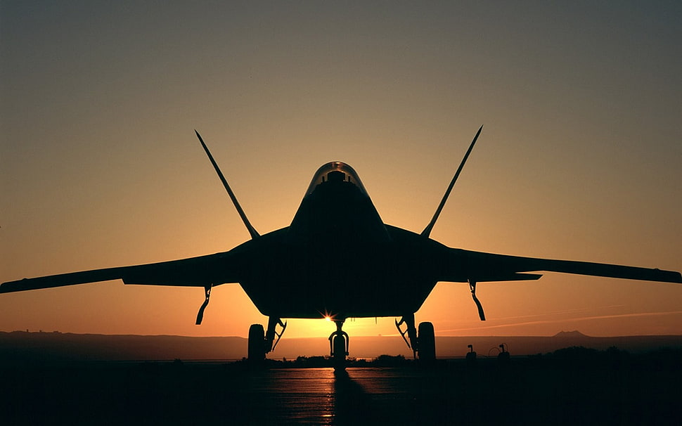silhouette of plane, aircraft, F-22 Raptor, sunset, silhouette HD wallpaper