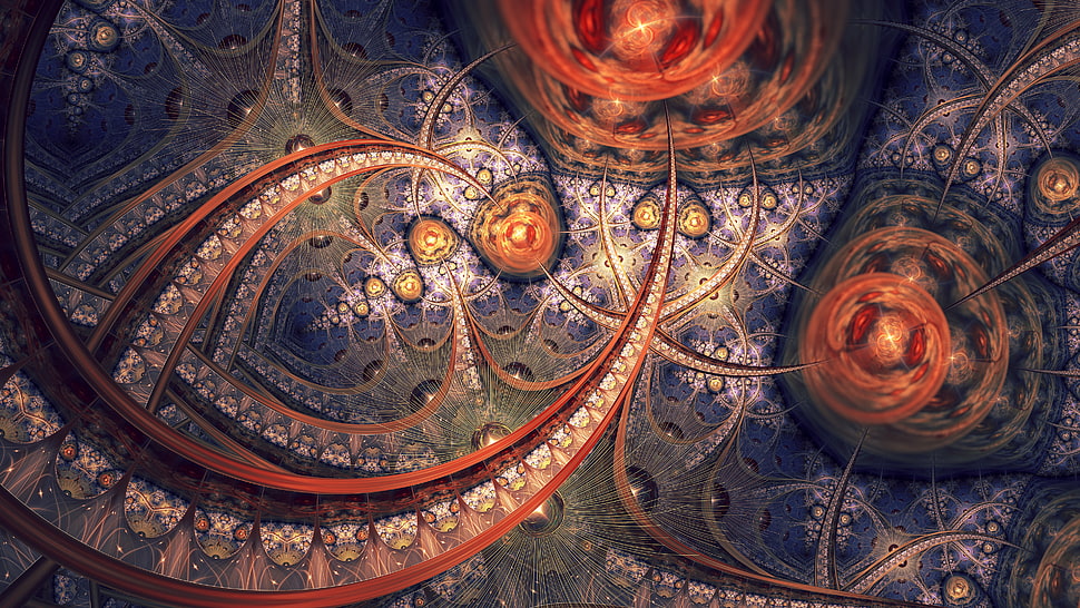 blue, and orange abstract ceiling art HD wallpaper