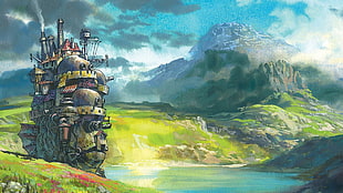 black metal castle on lake digital wallpaper, anime, Howl's Moving Castle, Studio Ghibli