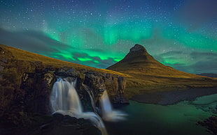 time-lapse photography of waterfalls stream, nature, landscape, aurorae