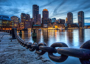 photo of black metal chain on bridge near high rise buildings and calm body of water at daytime, boston