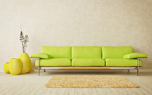 yellow padded 3-seat sofa on floor HD wallpaper