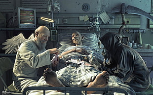 man lying on hospital bed near angel and devil illustration