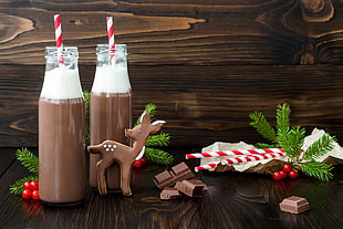 two clear glass bottles, Christmas, food, chocolate