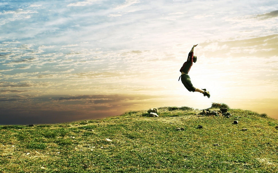 men's black shirt, jumping, people, sky, clouds HD wallpaper