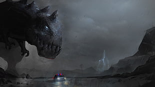 gray dinosaur illustration, police cars, dinosaurs, Headlights, lightning HD wallpaper