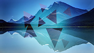 mountain and lake digital wallpaper, triangle, lake, mountains, edited