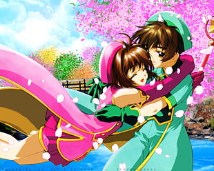 two brown-haired male and female anime characters