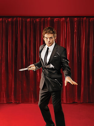 men's black suit jacket and dress pants, Dexter, curtains, knife, suits