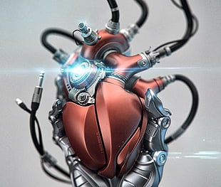 orange and silver mechanical heart illustration, futuristic, heart, digital art, robot