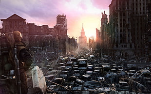 wrecked cars lot beside building poster, video games, concept art, Metro 2033, apocalyptic