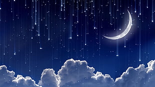 crescent moon over clouds illustration, digital art, blue background, clouds, stars