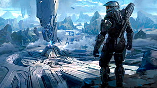 person holding gun illustration, video games, Halo, Halo 4, Master Chief