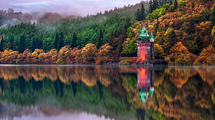 teal, black, and red castle, Wales, lake, reflection, building