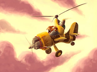 yellow helicopter illustration, aircraft, fantasy art, artwork