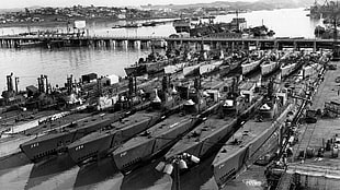 grayscale photo of submarines, boat, dock, military, submarine