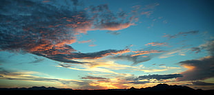 silhouette of mountain during daytime, clouds, sky, red sky, sunset
