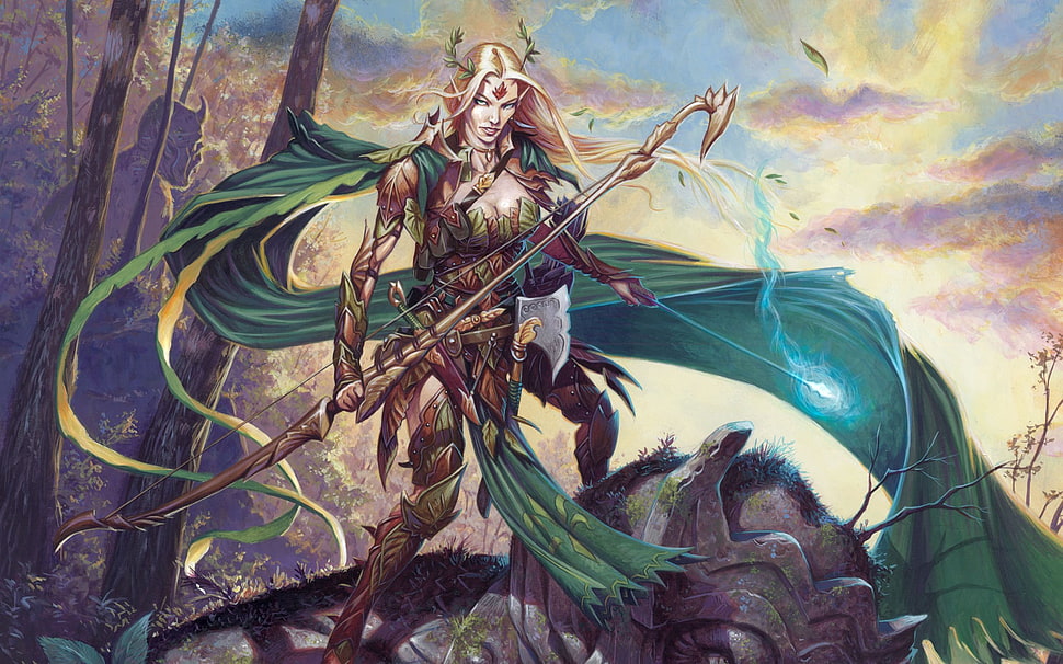 female archer illustration, fantasy art, magic, elves HD wallpaper