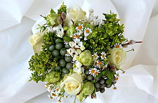 white and green Rose with white Daisy flower bouquet