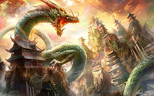 wyrm and temple on mountain digital wallpaper, fantasy art, dragon, Chinese architecture, chinese dragon