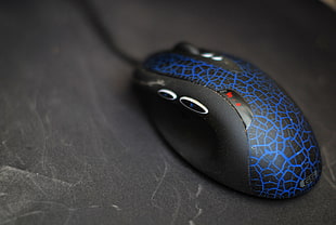 black and blue corded computer mouse, computer mouse