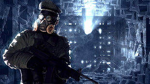 man holding rifle digital wallpaper, apocalyptic, soldier, gas masks, Romantically Apocalyptic  HD wallpaper