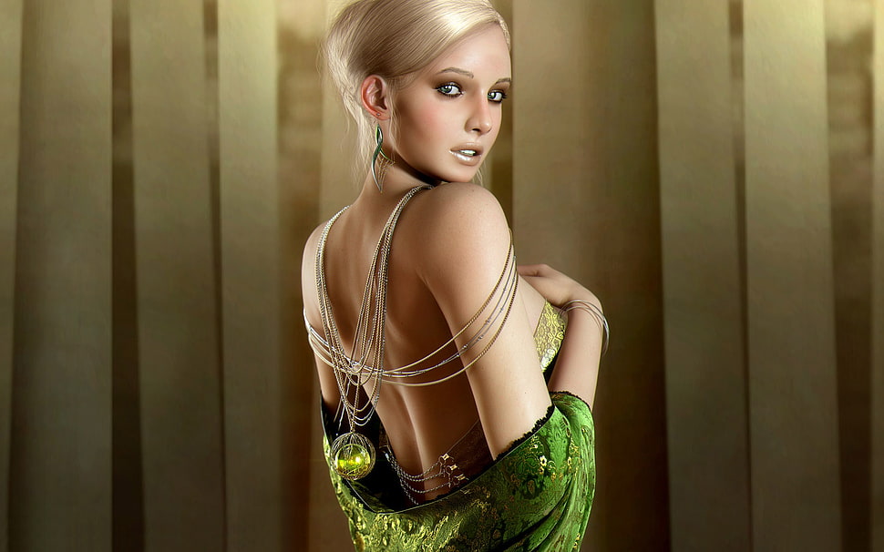 woman wearing green backless dress HD wallpaper