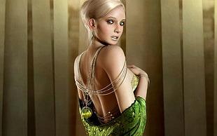 woman wearing green backless dress