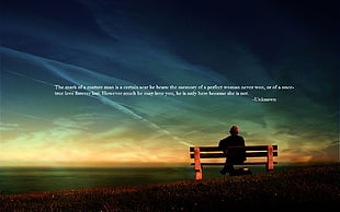 man sitting on brown bench under blue sky with text overlay