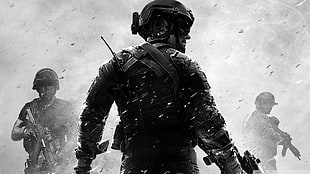grayscale photo of three soldiers