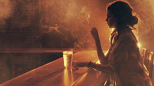 women's white robe, women, smoking, beer, smoke