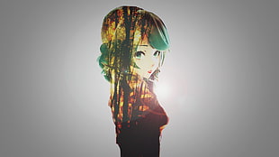 teal haired woman anime character illustration