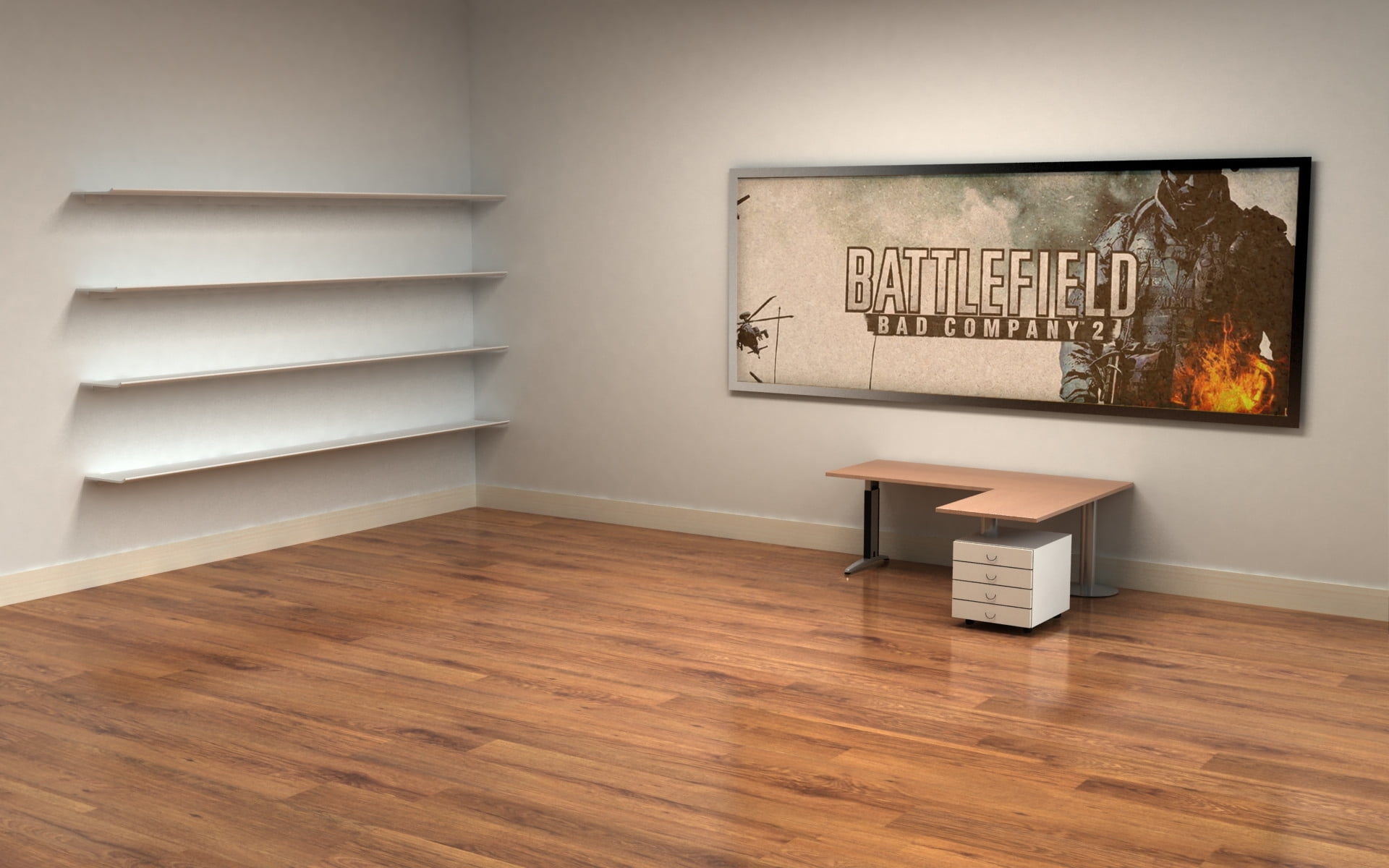 white wooden wall mounted shelves and brown wooden desk with Battlefield po...