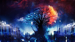 bare tree surrounded by clouds painting, artwork, digital art, fantasy art, trees