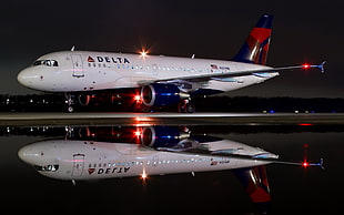 white Delta airplane, aircraft, passenger aircraft, night, reflection HD wallpaper