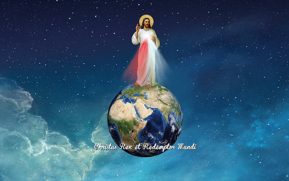 Jesus Christ on top of world illustration, Jesus Christ, religion, Christianity, space HD wallpaper