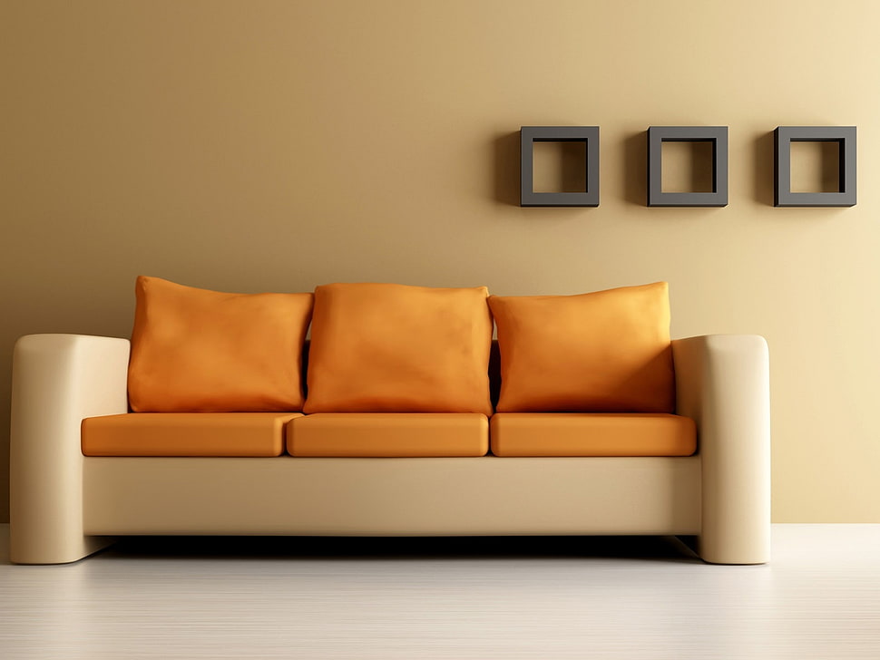 orange and white leather 3-seat sofa HD wallpaper
