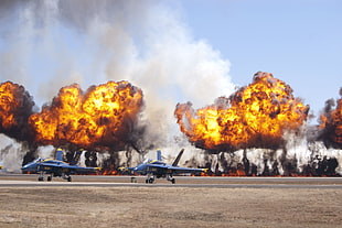 red and yellow petaled flowers, explosion, McDonnell Douglas F/A-18 Hornet, Blue Angels, napalm